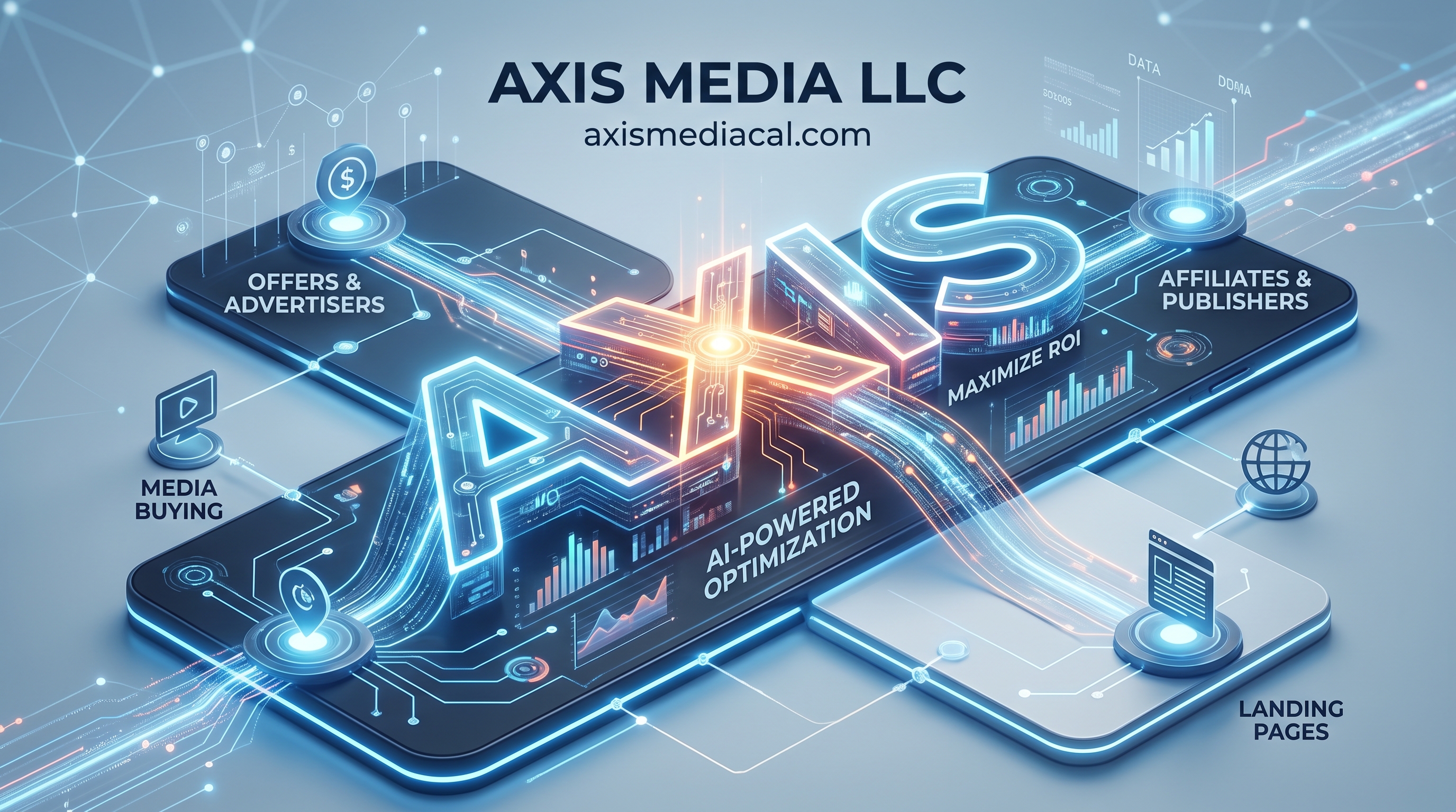 Axis Media system diagram. Offers and advertisers, media buying, affiliates and publishers, and landing pages feed an AI-powered optimization core labeled Maximize ROI.